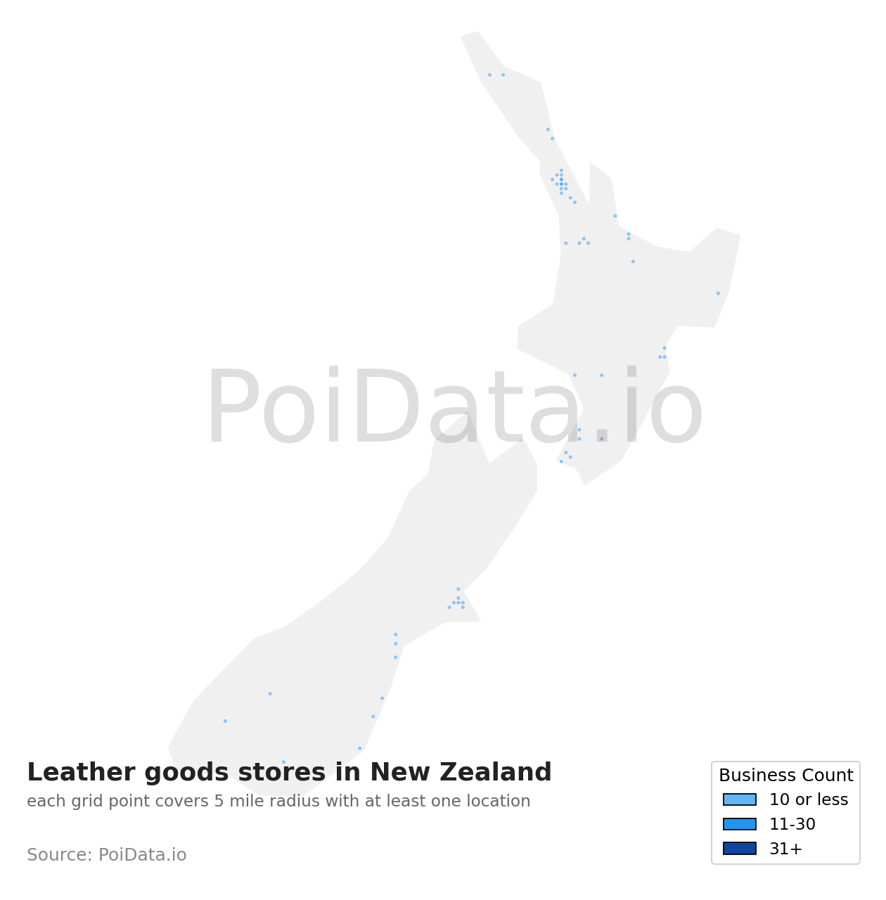 Leather goods store density map for New Zealand