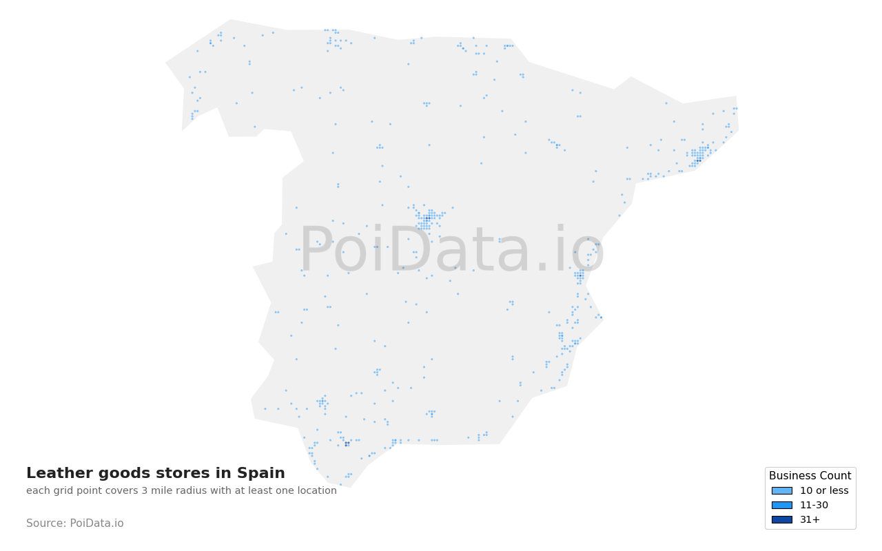 Leather goods store density map for Spain