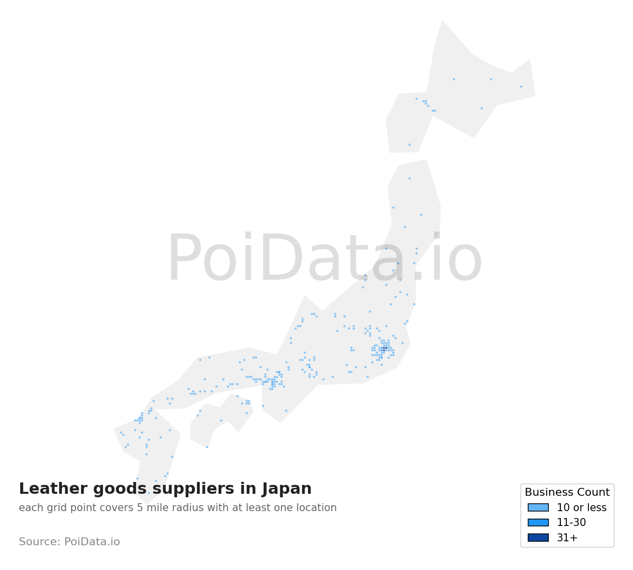 Leather goods supplier density map for Tokyo, Japan