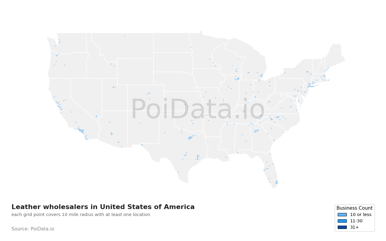 Leather wholesaler density map for Washington, United States
