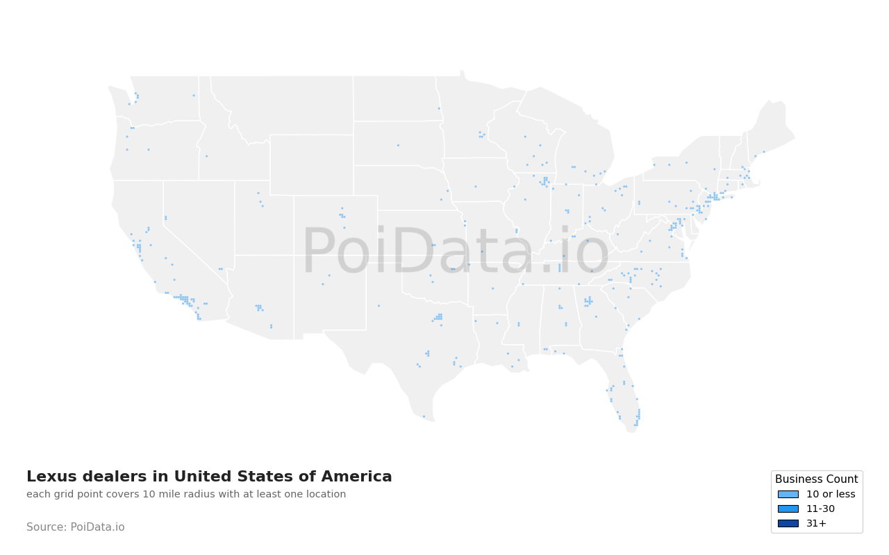 Lexus dealer density map for New York, United States