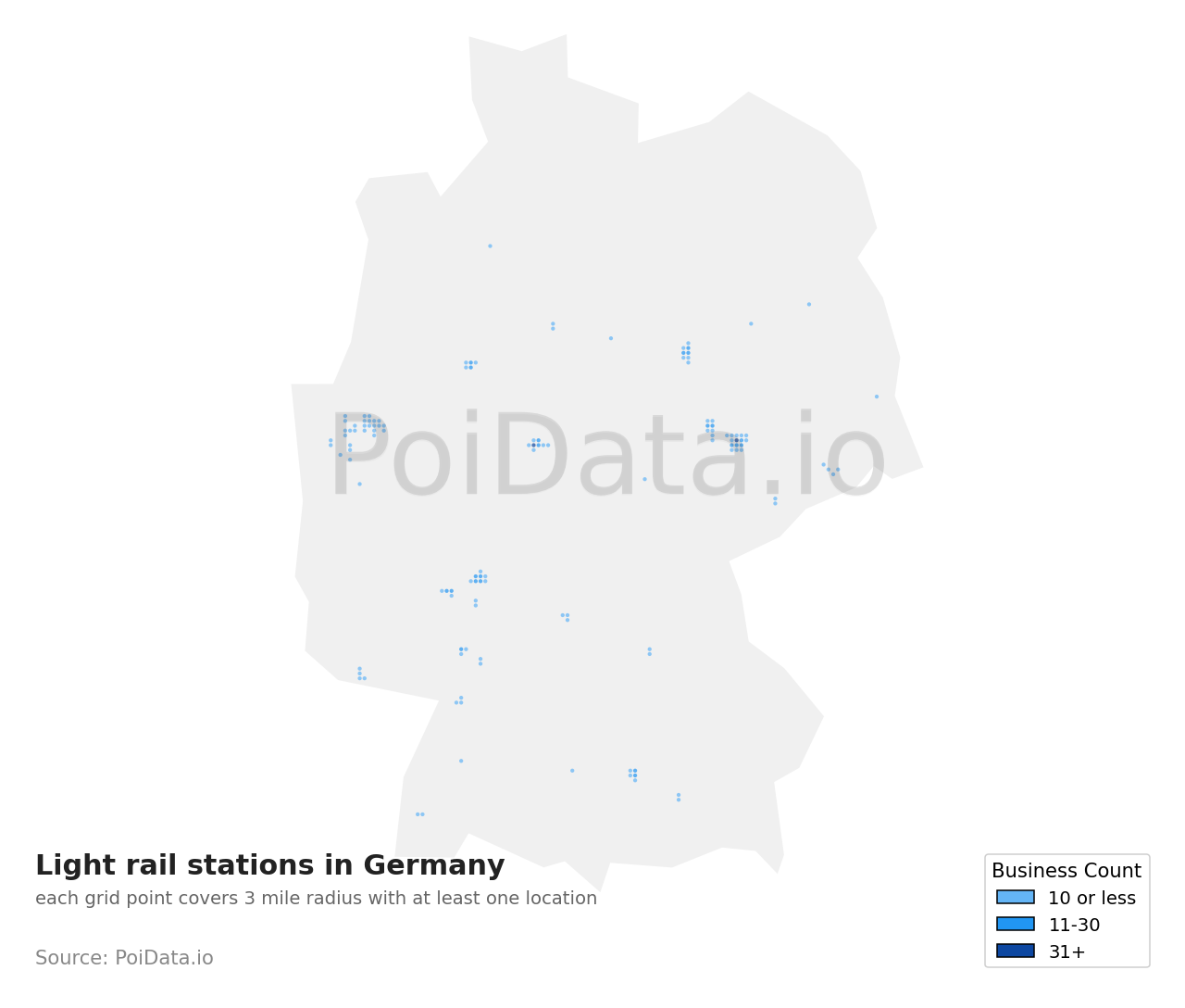 Light rail station density map for Germany
