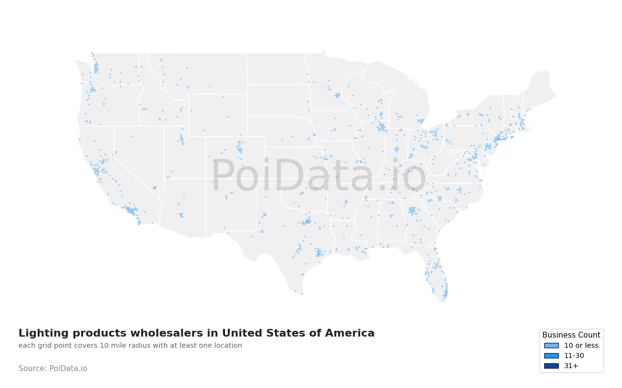Lighting products wholesaler density map for Arizona, United States