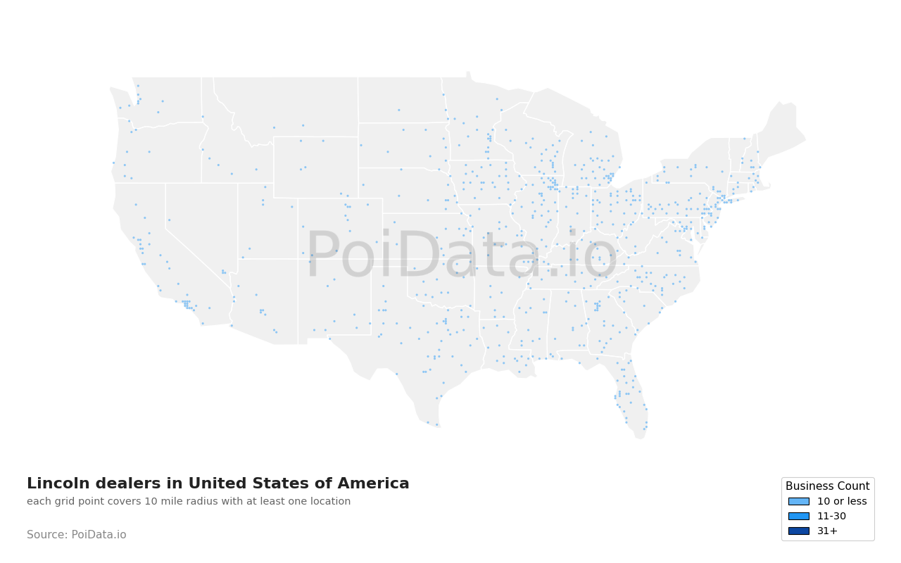 Lincoln dealer density map for Tennessee, United States