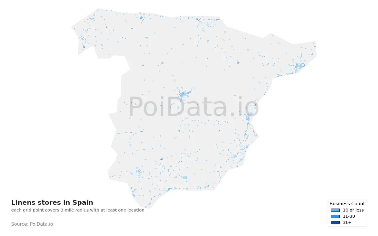 Linens store density map for Spain