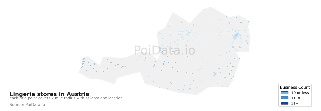 Lingerie store density map for Austria