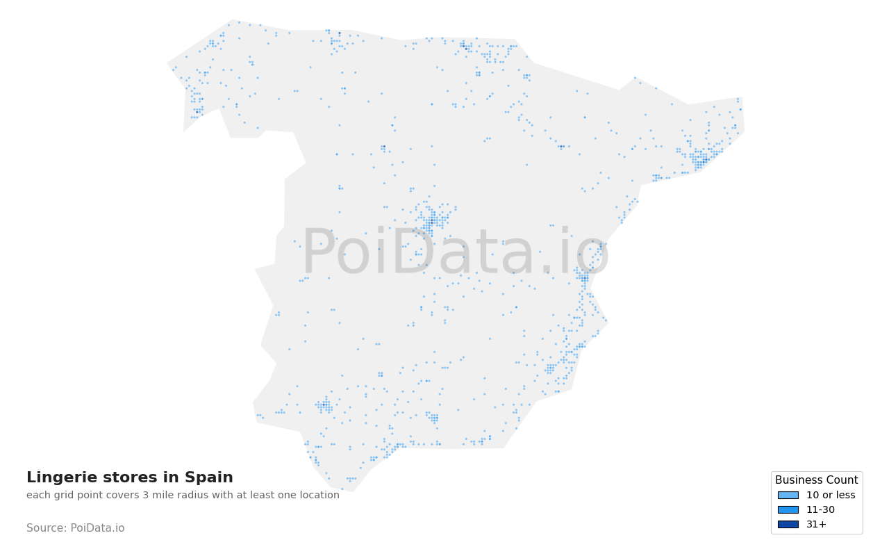 Lingerie store density map for Spain