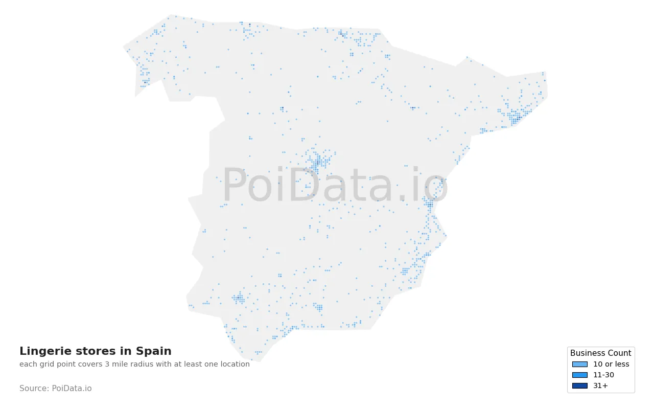 Lingerie store density map for Spain