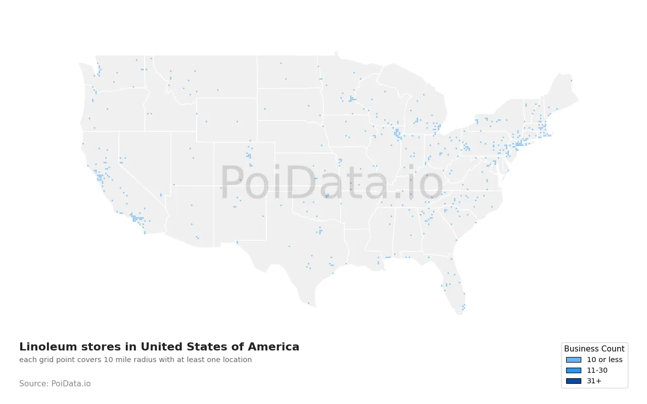 Linoleum store density map for United States