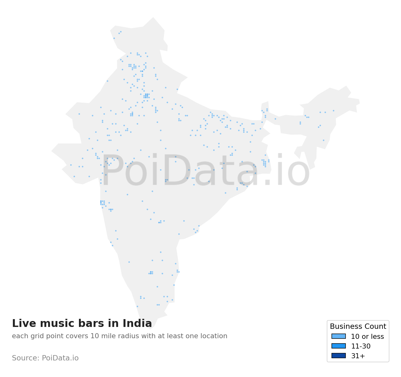 Live music bar density map for India