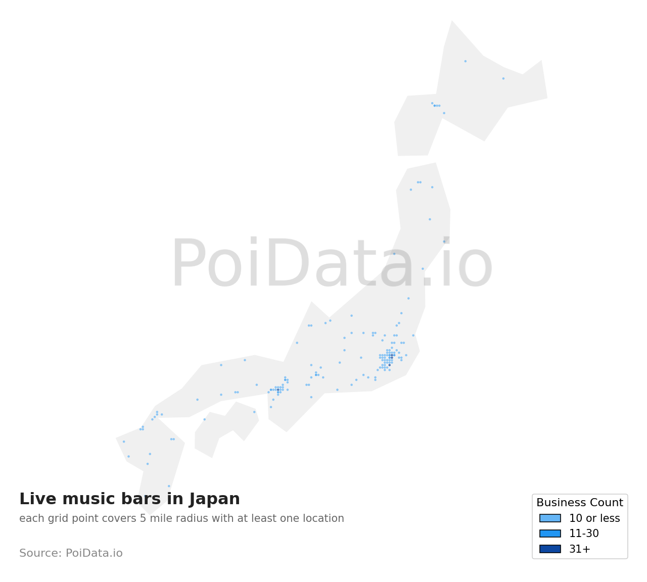 Live music bar density map for Japan