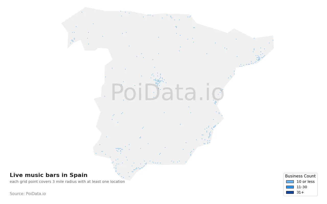 Live music bar density map for Spain