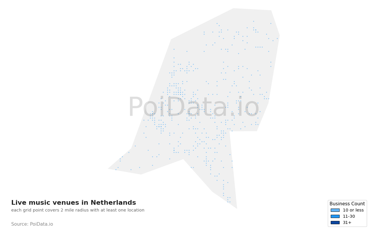 Live music venue density map for Netherlands