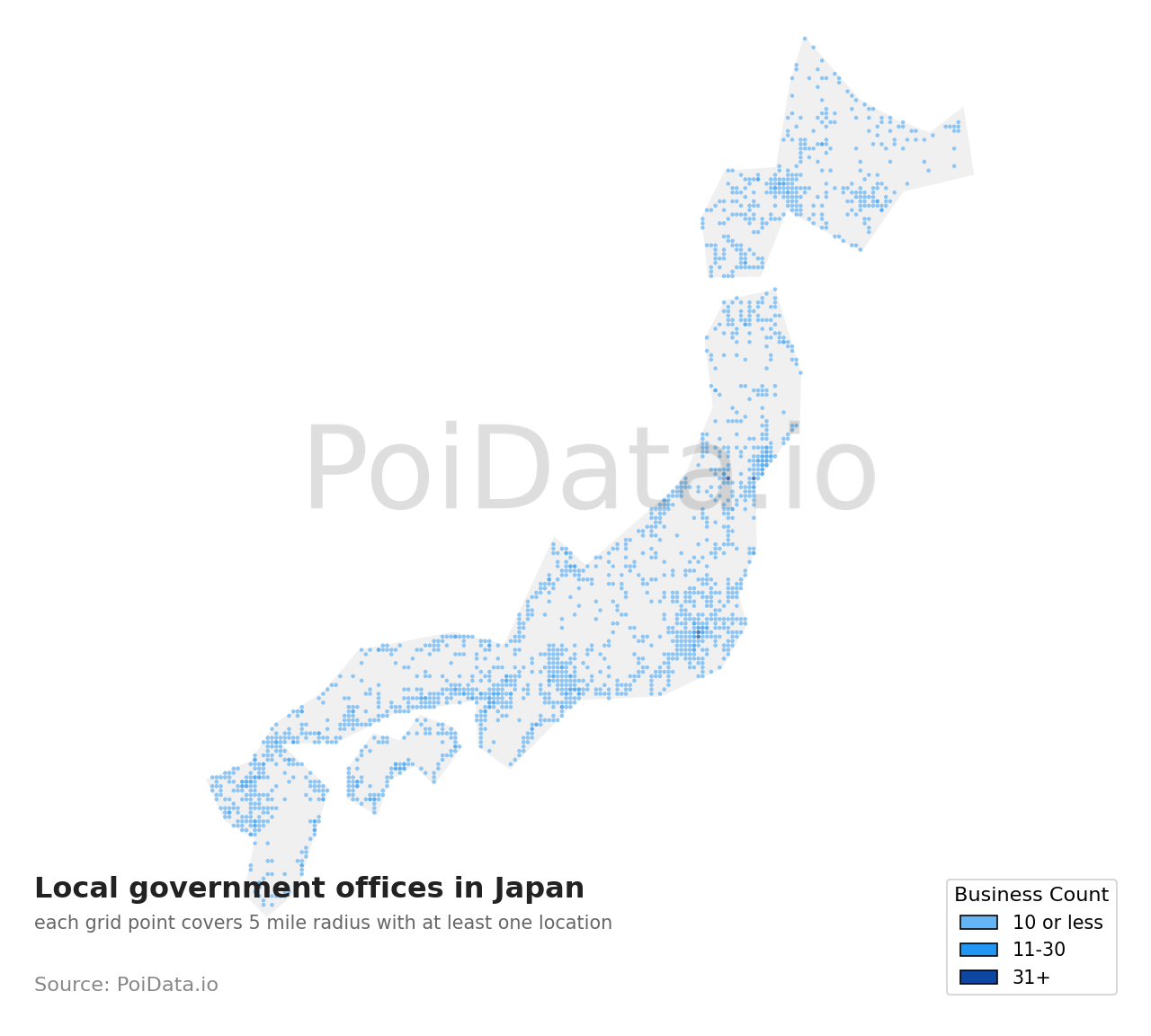 Local government office density map for Aichi, Japan