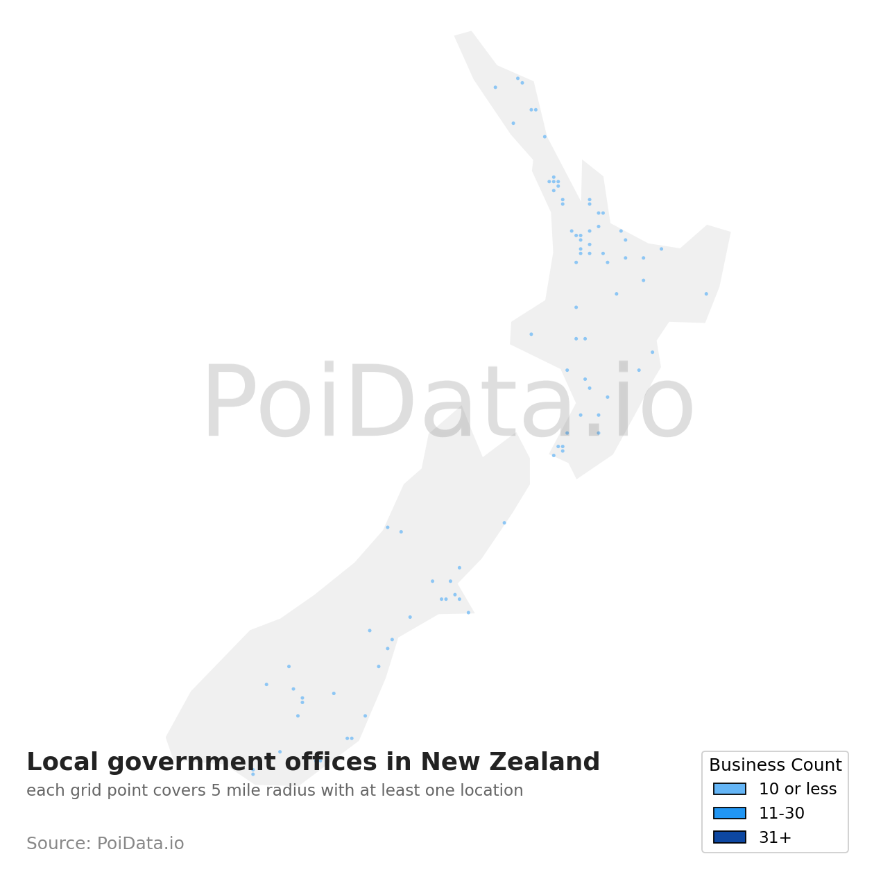 Local government office density map for New Zealand