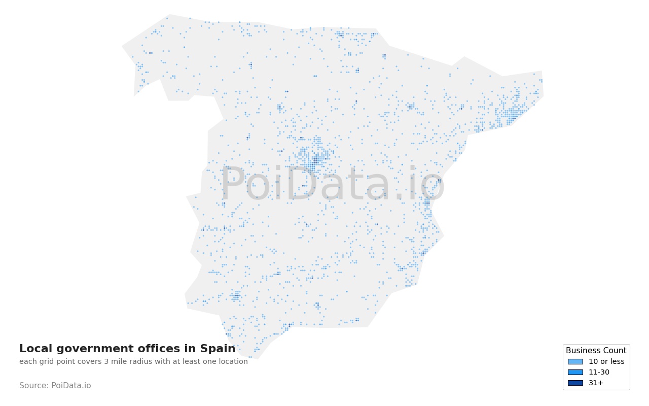 Local government office density map for Spain