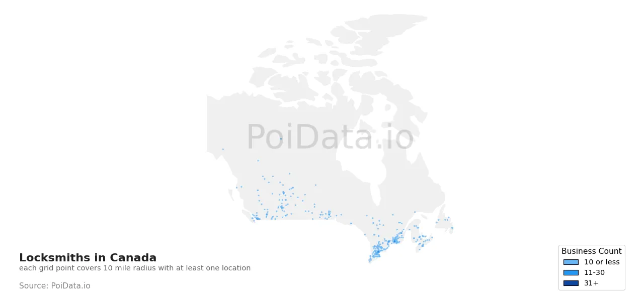 Locksmith density map for Canada