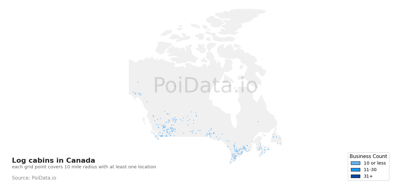 Log cabins density map for British Columbia, Canada