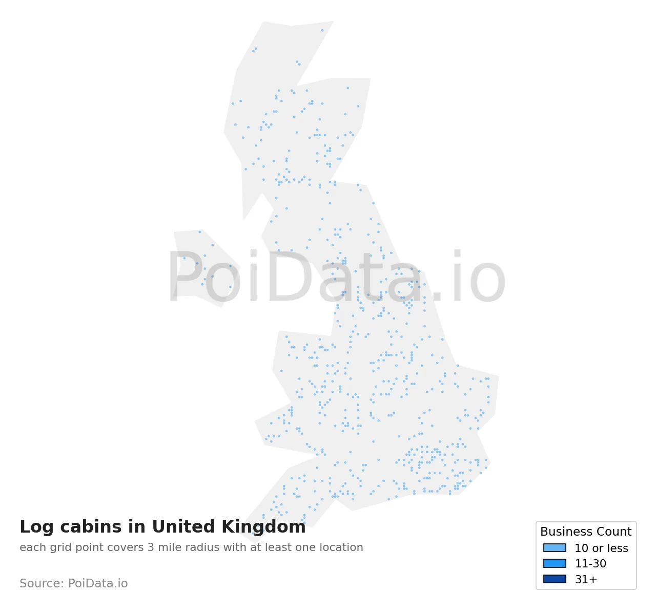 Log cabins density map for United Kingdom