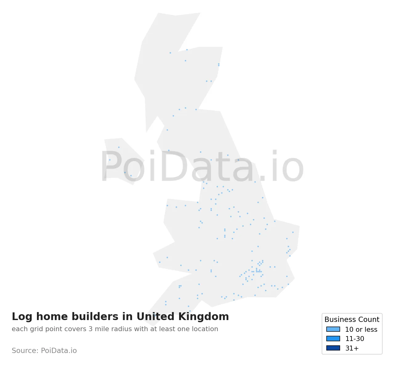 Log home builder density map for United Kingdom