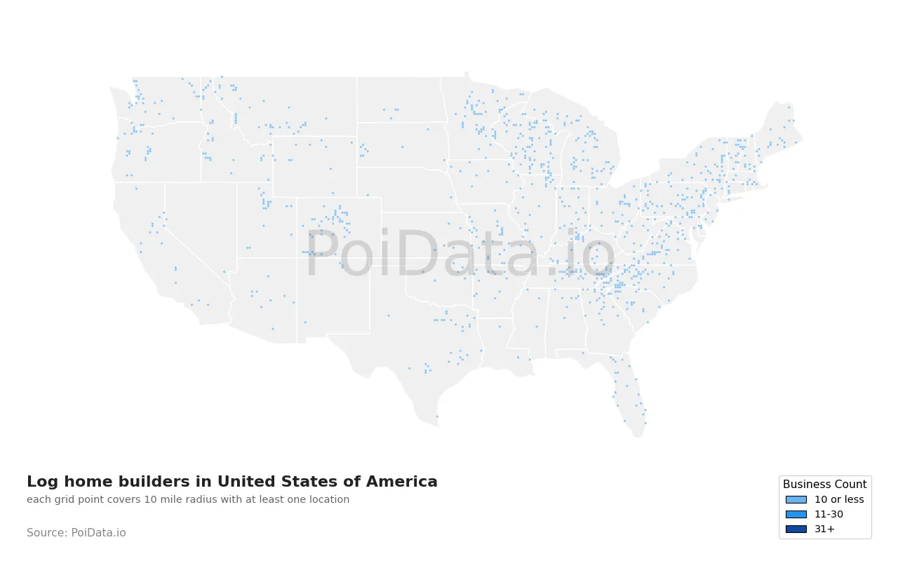 Log home builder density map for United States