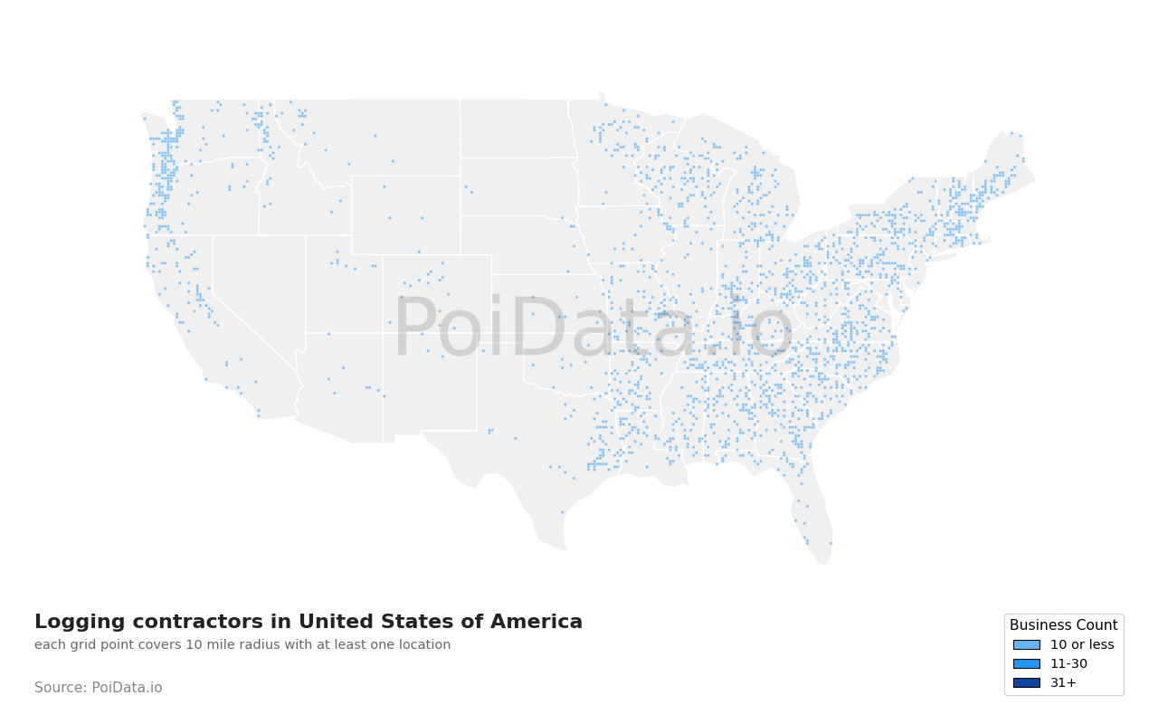 Logging contractor density map for Louisiana, United States