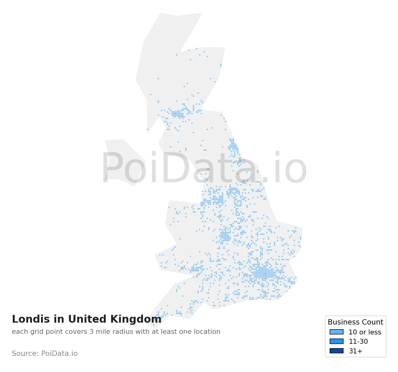 Londis density map for United Kingdom