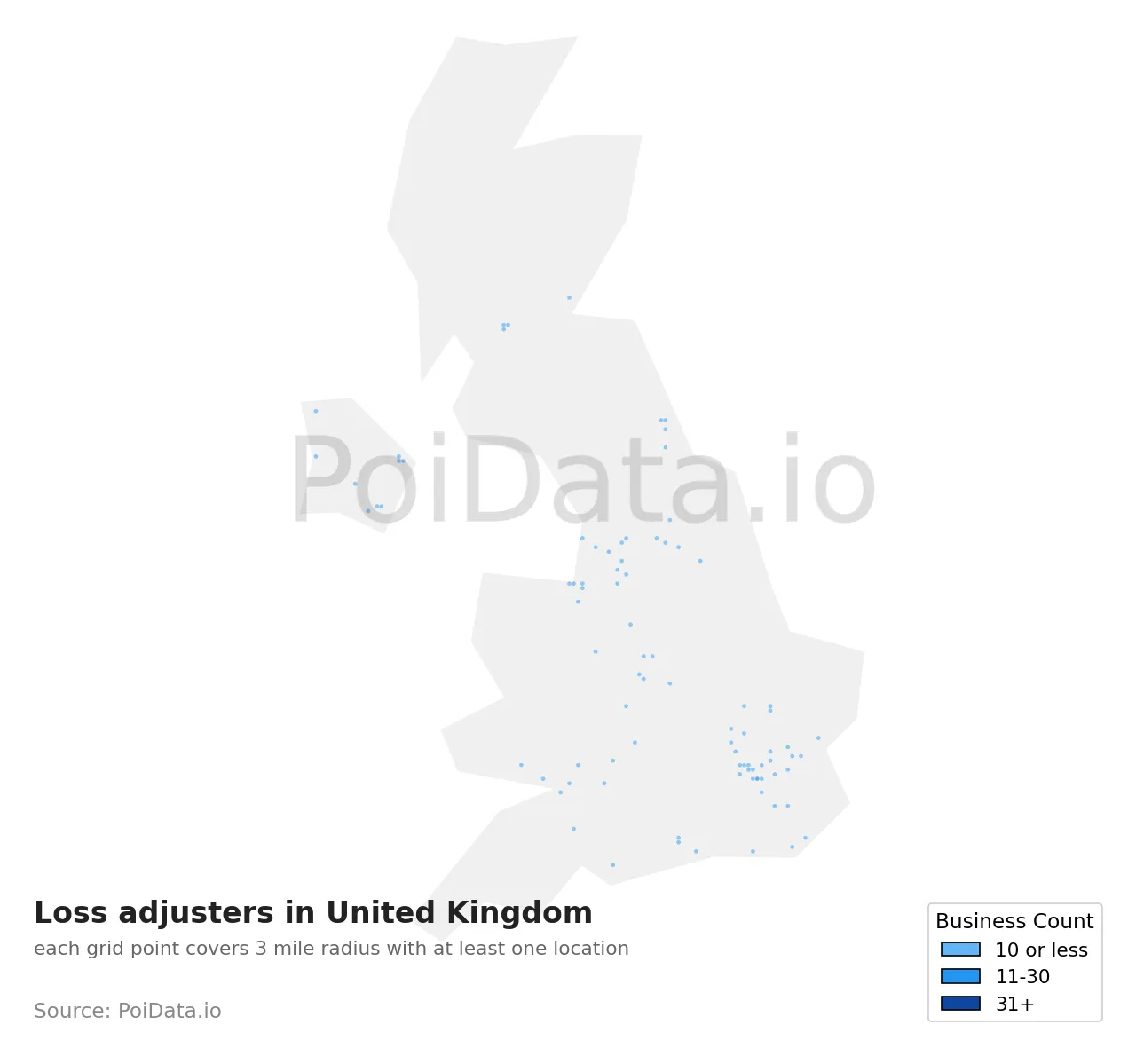 Loss adjuster density map for United Kingdom