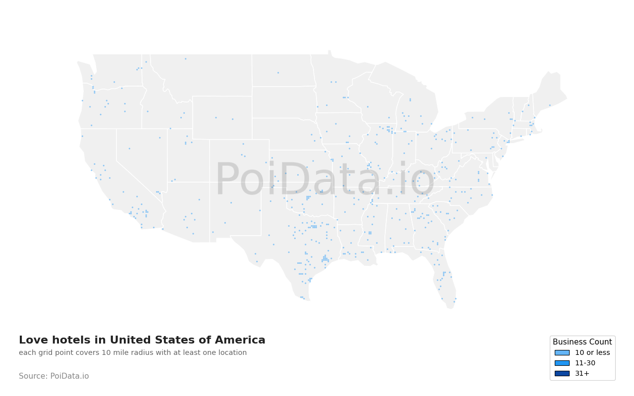 Love hotel density map for South Carolina, United States