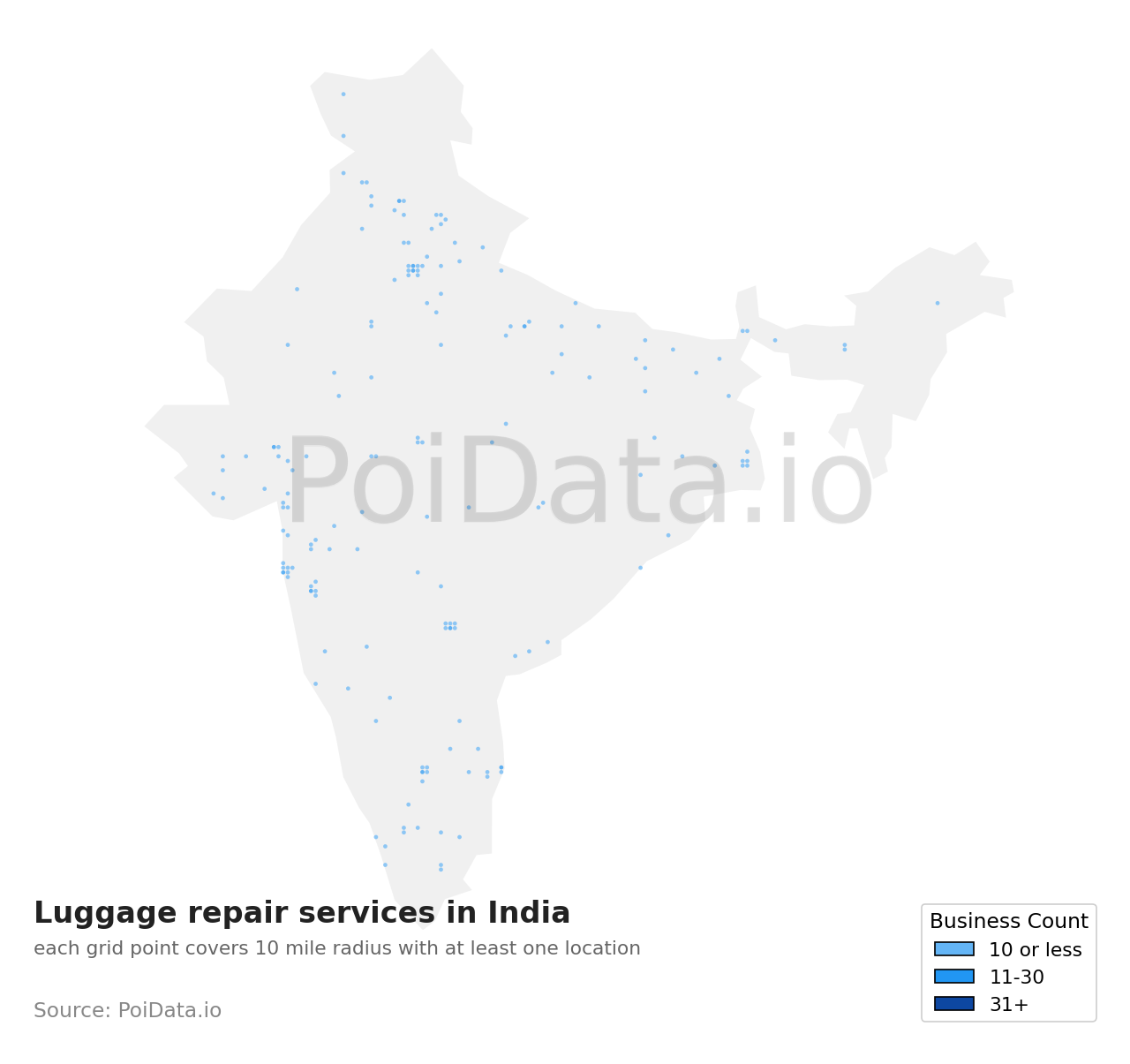 Luggage repair service density map for India