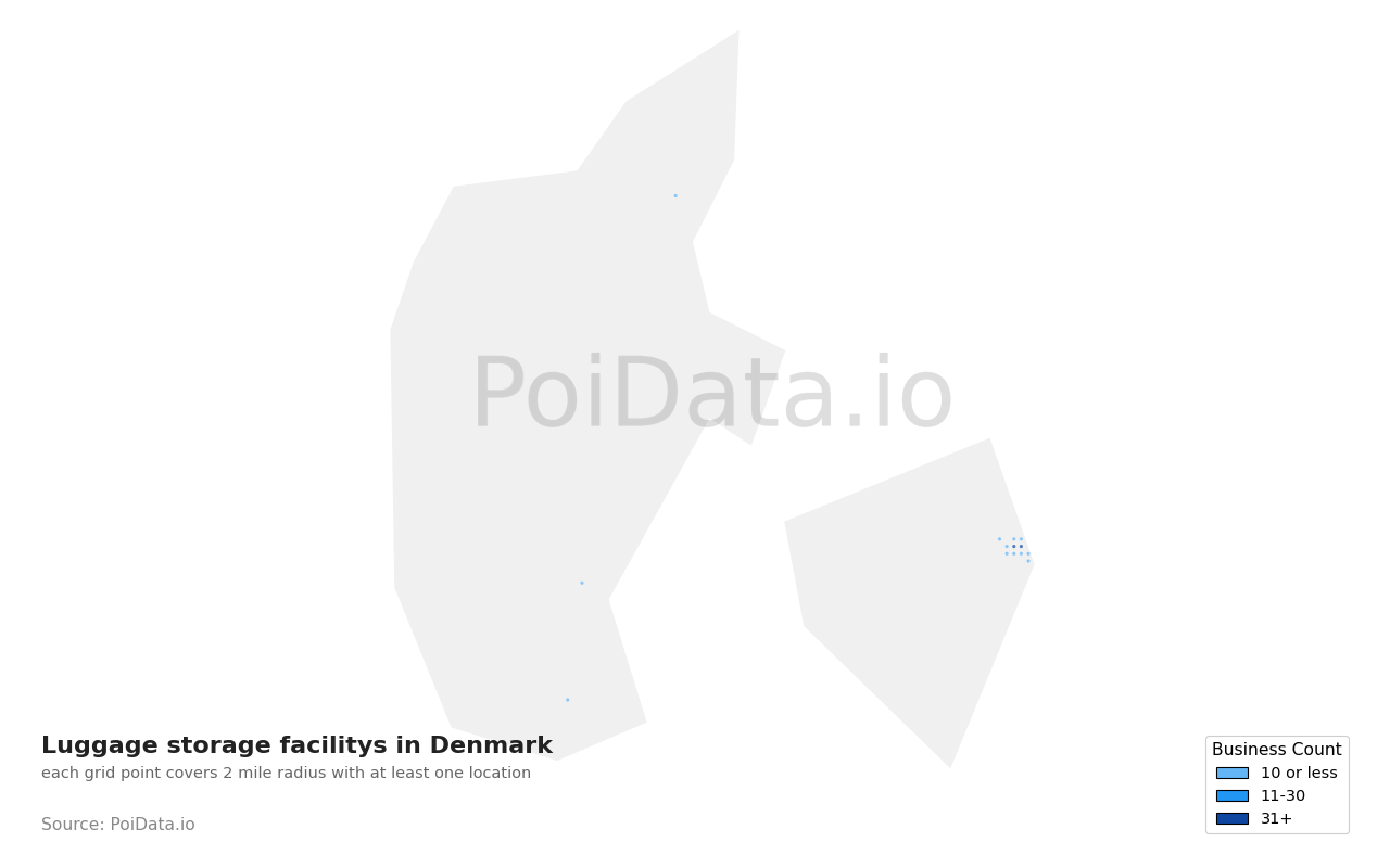 Luggage storage facility density map for Denmark