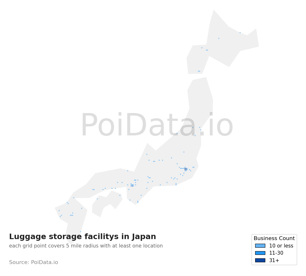 Luggage storage facility density map for Japan