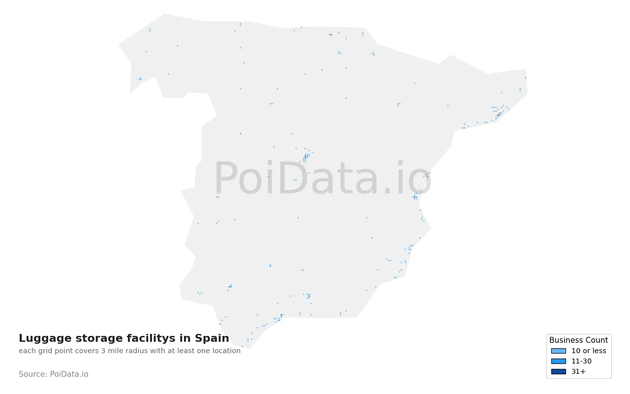 Luggage storage facility density map for Spain