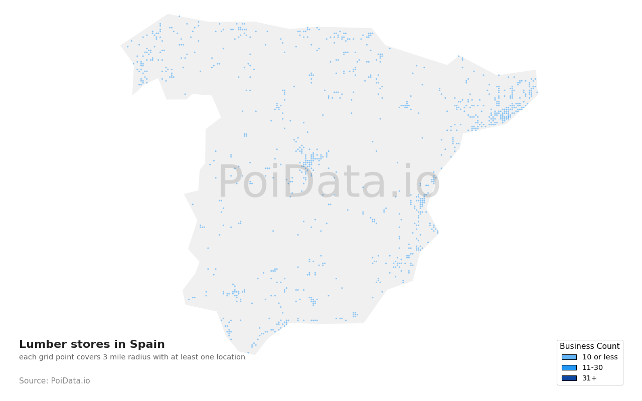 Lumber store density map for Spain