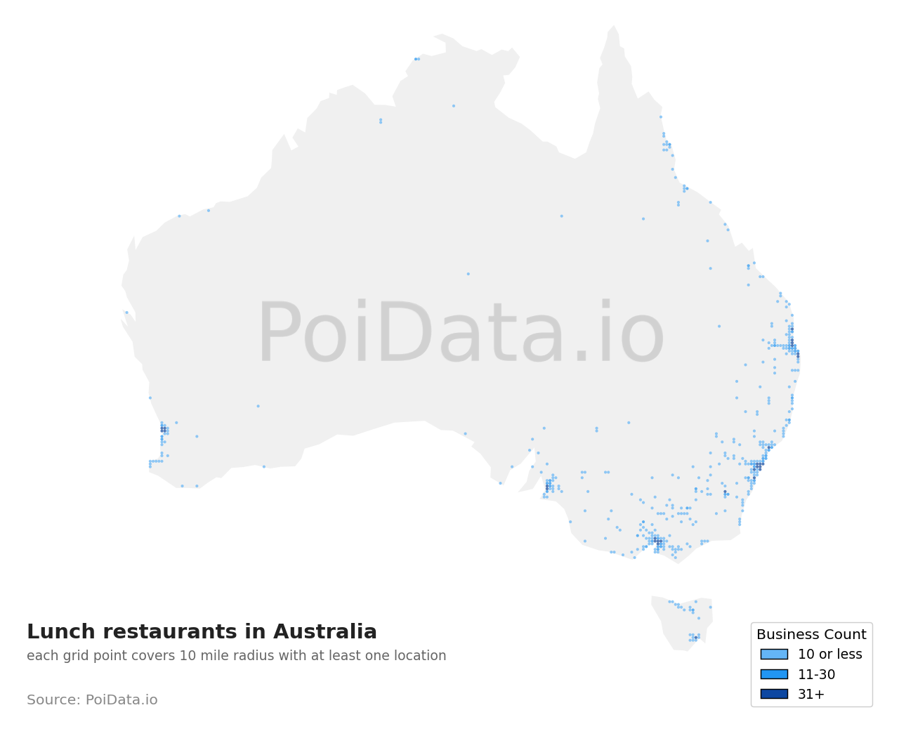 Lunch restaurant density map for Australia