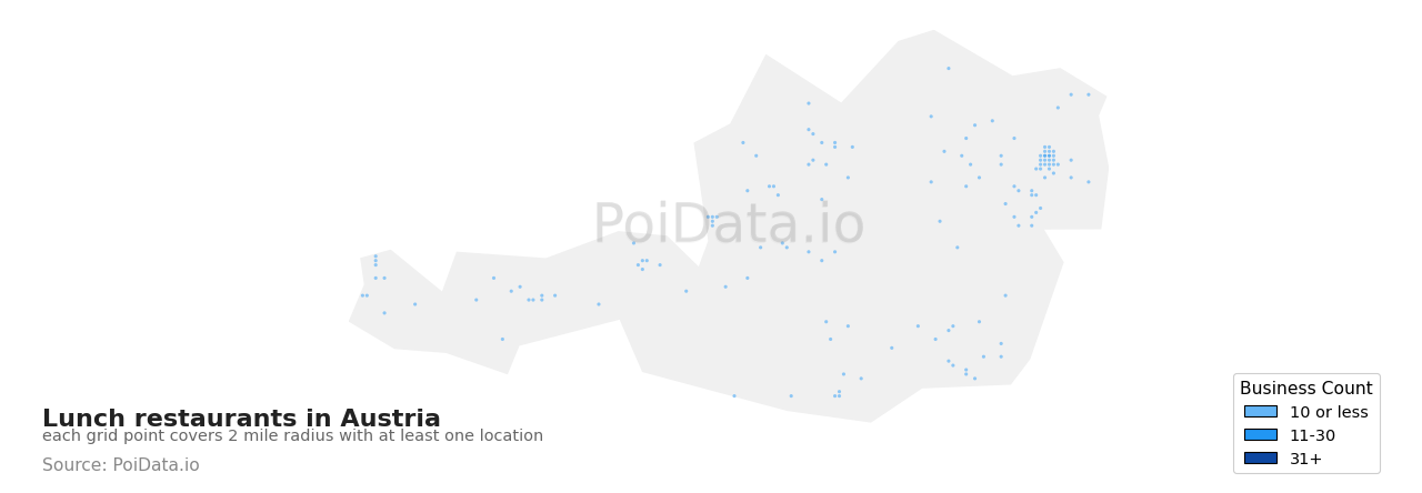 Lunch restaurant density map for Austria
