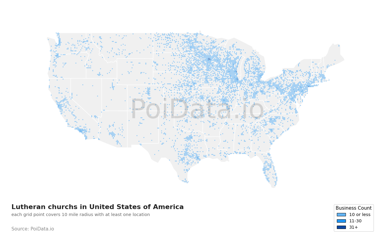 Lutheran church density map for United States