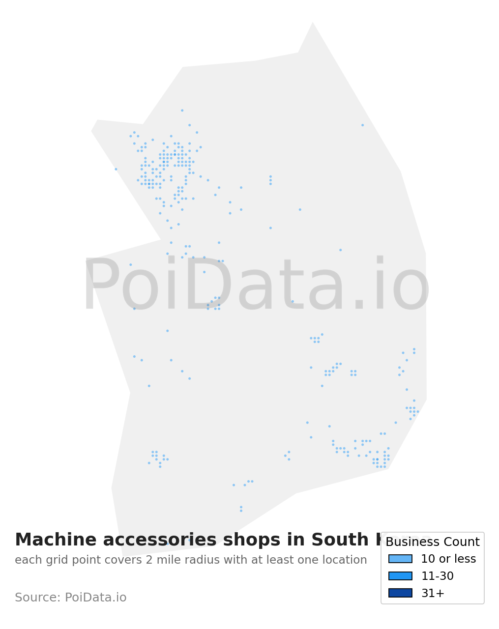 Machine accessories shop density map for South Korea