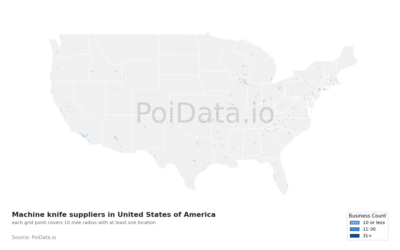 Machine knife supplier density map for United States