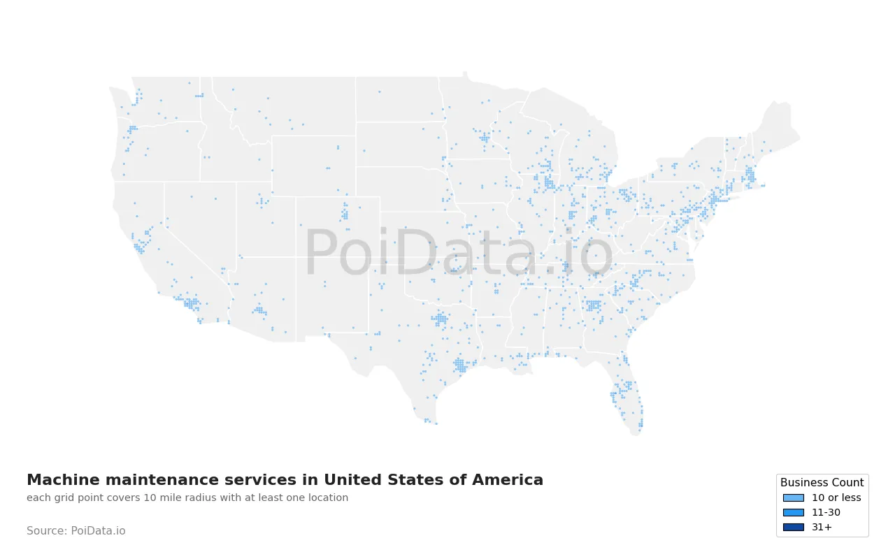 Machine maintenance service density map for United States