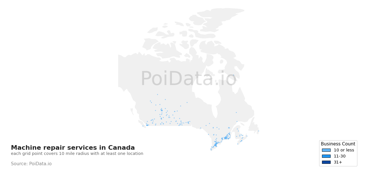 Machine repair service density map for Canada