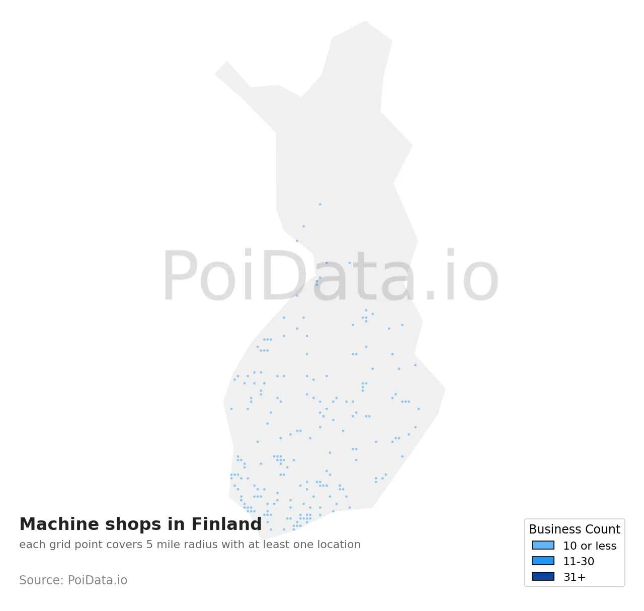 Machine shop density map for Finland