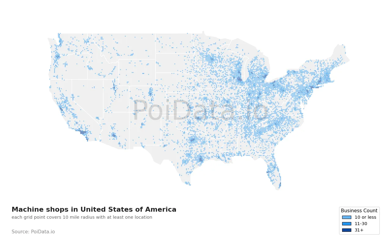 Machine shop density map for United States