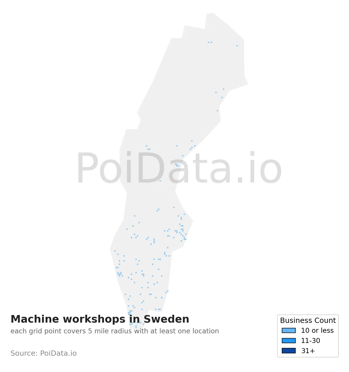 Machine workshop density map for Sweden