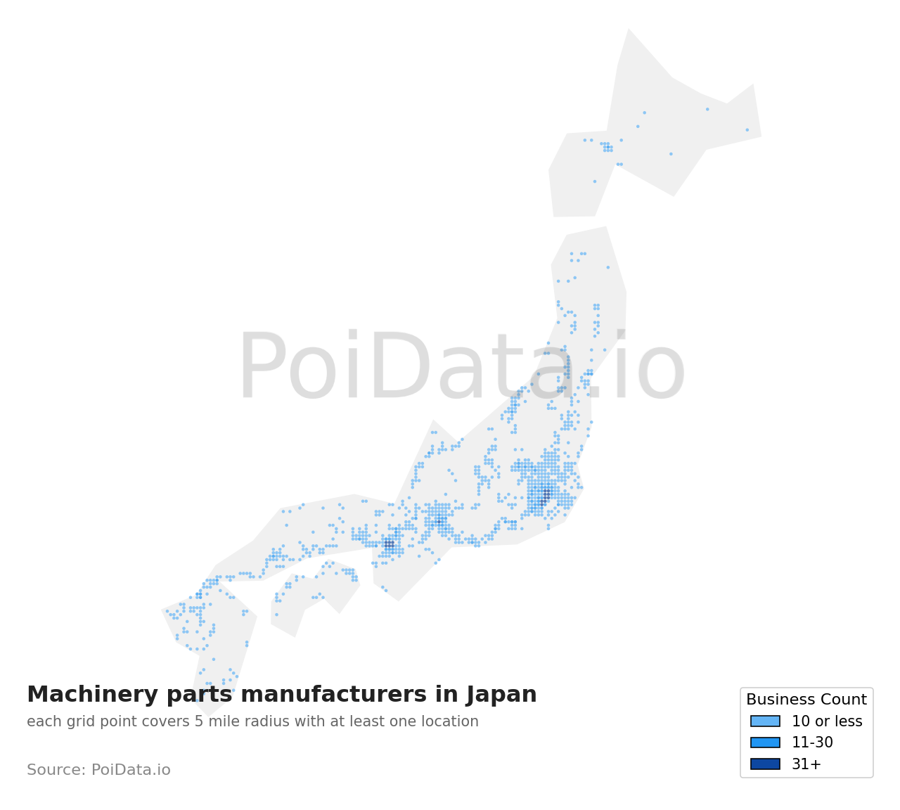 Machinery parts manufacturer density map for Japan
