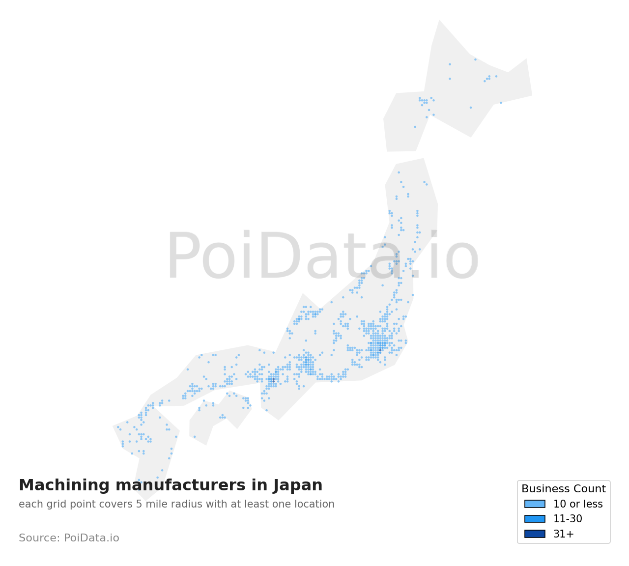 Machining manufacturer density map for Japan