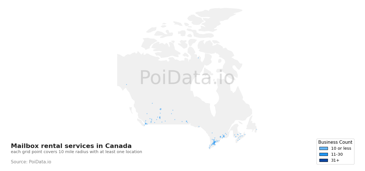 Mailbox rental service density map for New Brunswick, Canada