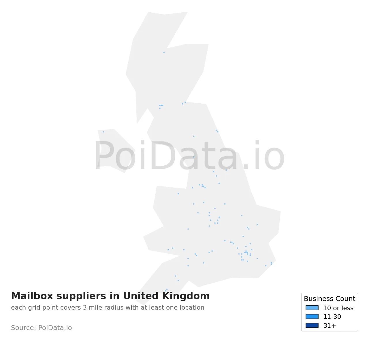 Mailbox supplier density map for United Kingdom