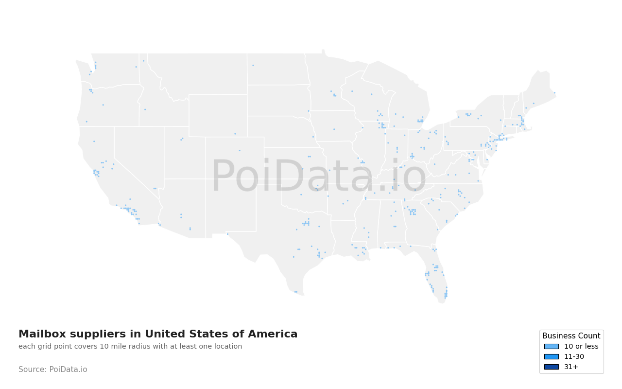 Mailbox supplier density map for United States
