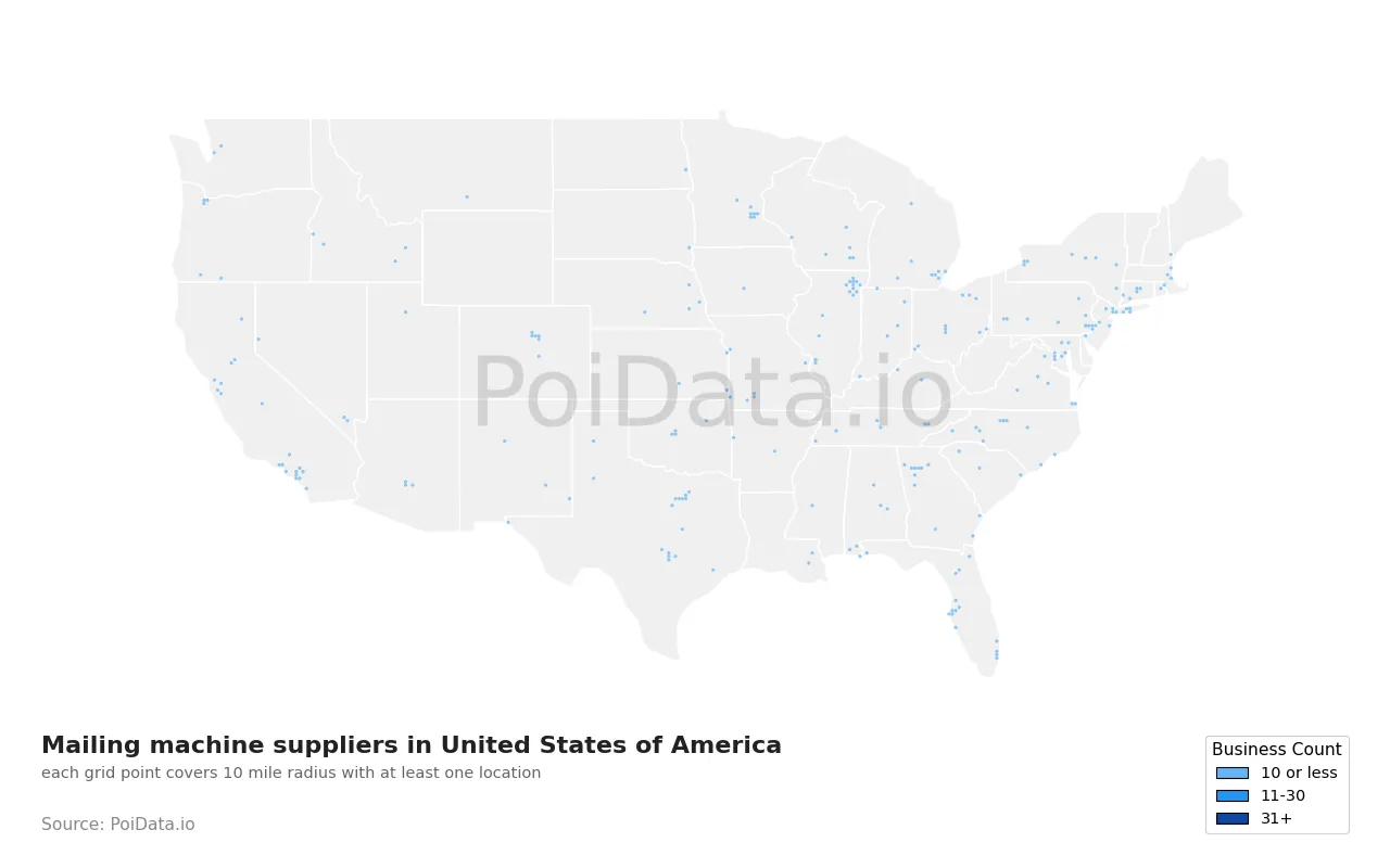 Mailing machine supplier density map for United States